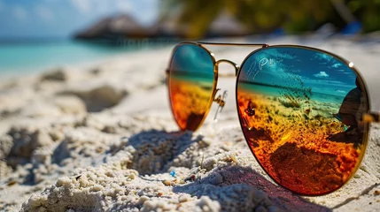 Stickers pour porte Réflexion Pair of stylish sunglasses with mirrored lenses, reflecting tropical beach scene.