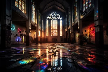 Fotobehang A catholic church with stained glass windows. A light shining through the window panes on the floor and the walls. The wall, ceiling, and floor are shining brightly and reflecting rays. Generative AI © Canary