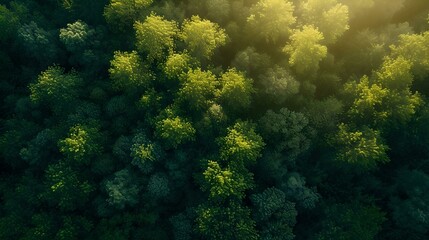 Naklejka na ściany i meble Breathtaking aerial view of a lush forest at sunrise. nature's beauty captured through photography. perfect for backgrounds and environmental themes. AI