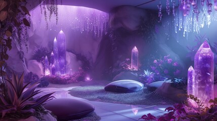 enchanted crystal cave with glowing flora and mystical ambiance