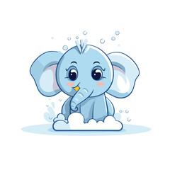 Cute baby elephant splashing water on white background. Vector illustration.