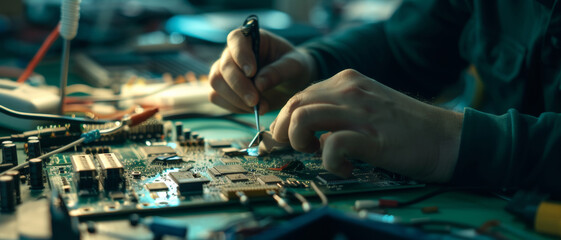 Intricate work on a circuit board, where precision meets innovation in the quiet concentration of technology repair - obrazy, fototapety, plakaty