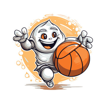 Cute cartoon character of a mummy playing basketball. Vector illustration.
