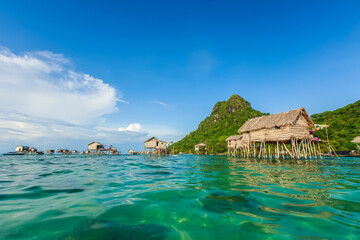 Beautiful landscapes view borneo sea gypsy water village in Bodgaya Mabul Island, Semporna Sabah,...