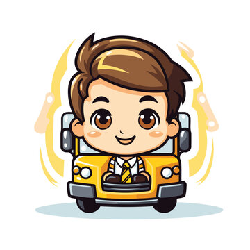 Cute School Boy Driving School Bus Vector Cartoon Character Illustration.