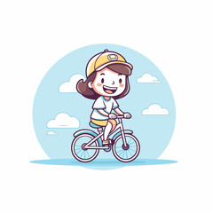 Cute little girl riding a bicycle in the park. Vector illustration.