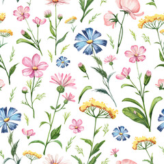 Watercolor, seamless pattern with delicate wildflowers and herbs. Romantic, floral background. Floral wallpapers in retro style with wild plants.