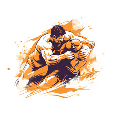 Graphic illustration of two soccer players fighting for ball on abstract background