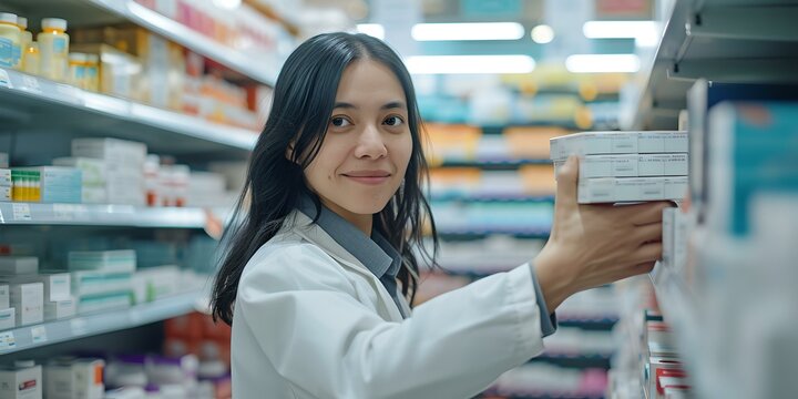 Professional female pharmacist organizing medication on shelves in a modern pharmacy. focus on healthcare and customer service. AI