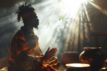 African Tribal Shaman Performing Ritual in Sunlit Hut