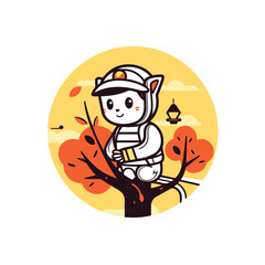 Cute cat in a cap with a lantern on a tree. Vector illustration.