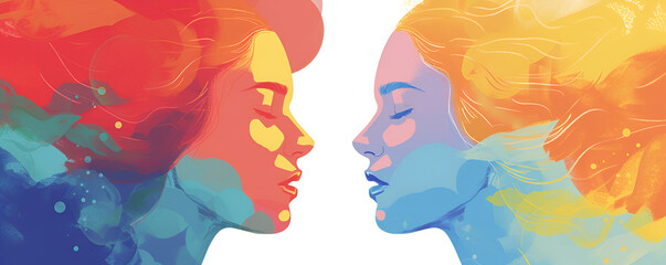 Illustration of portrait of a woman with bipolar personality disorder or mood. Mental health concept. World Bipolar Day. Horizontal banner