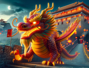 3D fantasy dragon on the Great Wall of China. Mythology creature.