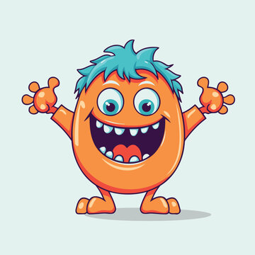 Funny cartoon monster character. Vector illustration of a monster with blue hair.