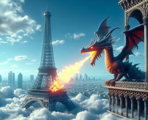 3D fantasy dragon on the Eiffel Tower view. Mythology creature.