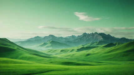 green savanna with mountains - obrazy, fototapety, plakaty