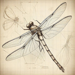 Dragonfly insect vintage sepia drawing