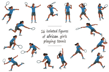 Fototapeta na wymiar 16 girl figures of black women's tennis players in blue sports equipment throwing, catching, hitting the ball, standing, jumping and running