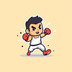 Boxing boy cartoon character vector illustration. Boxer kick boxing sport.