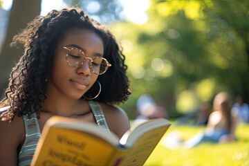 black woman reading book - obrazy, fototapety, plakaty