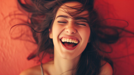 beautiful woman laughs with frantic happiness