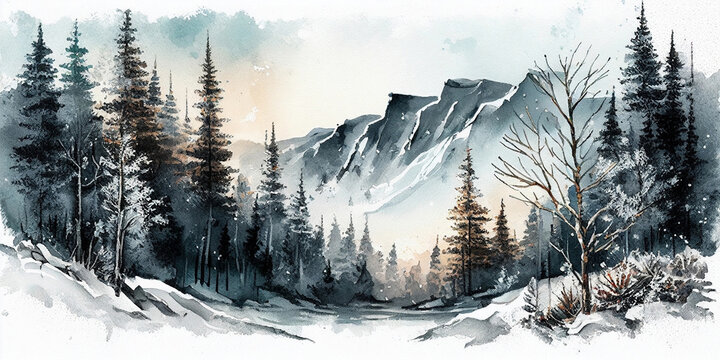 Landscape of winter forest and mountains in watercolor  style