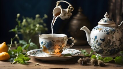 Obraz na płótnie Canvas A serene scene with a teapot pouring herbal tea into a vintage cup
