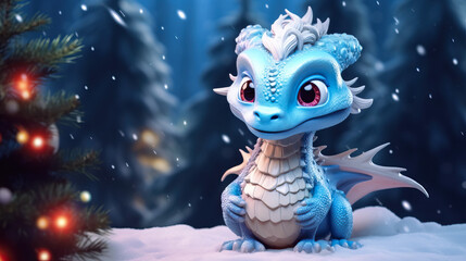 Obraz premium Banner with blue cute little dragon with bokeh winter snow forest background. Chinese New Year decoration close up of dancing dragon on festive background