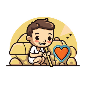 cute little boy playing with a toy car and a heart vector illustration