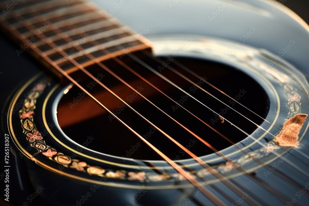 Poster Close up view of the strings on an acoustic guitar. Perfect for music-related projects or advertisements