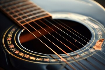 Close up view of the strings on an acoustic guitar. Perfect for music-related projects or...