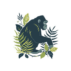 Chimpanzee sitting on a branch with leaves. Vector illustration