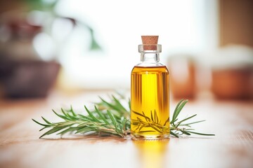 Fototapeta premium close focus on tea tree oil bottle, tea tree leaves softly blurred in the background
