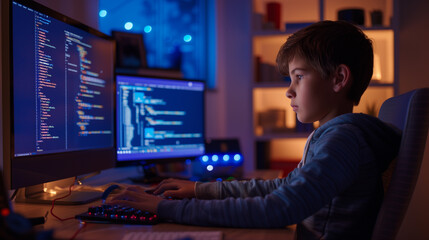 A boy is immersed in programming, creating and implementing software with coding. It fosters problem-solving skills and logical reasoning, contributing to tech proficiency - obrazy, fototapety, plakaty
