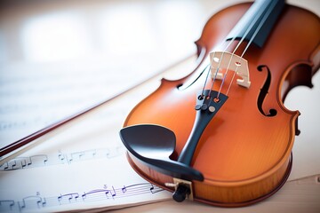 close-up of violin and bow on a music sheet - obrazy, fototapety, plakaty
