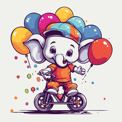 Obraz na płótnie Canvas Cute elephant riding a scooter with balloons. Vector illustration.