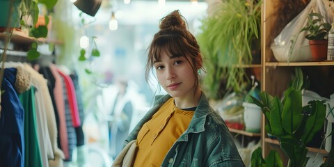 Obraz premium Confident young woman in a stylish outfit at an urban boutique. casual fashion, modern lifestyle. trendy clothing store backdrop. relaxed shopping concept. AI