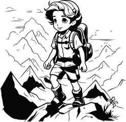 Boy hiking in the mountains. Black and white vector illustration for coloring book.