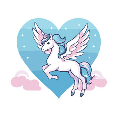 cute unicorn with wings and heart in the sky vector illustration design