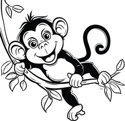 Monkey - Black and White Cartoon Mascot Character Illustration