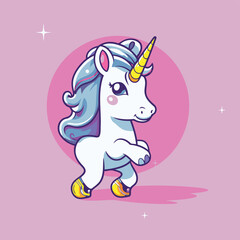 Cute cartoon unicorn on purple background. Vector illustration for children.