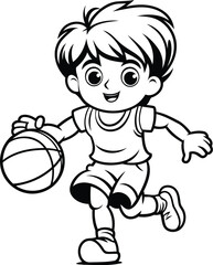 Cute boy playing basketball - black and white vector illustration for coloring book