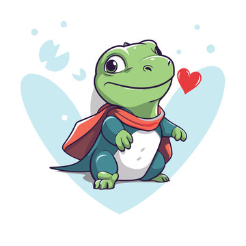 Cute crocodile with a red cape and a heart. Vector illustration.