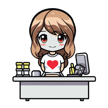 Cute girl working in the office with computer. Vector illustration.