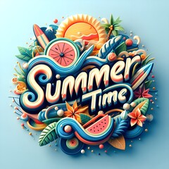 Fototapeta premium Summer Holiday Illustration with Flower and Tropical Palm Leaves on Ocean Blue Background. Toucan Bird, Ice Cream, Beach Ball and Surf Board on Paradise Island for Banner, Flyer, Invitation 