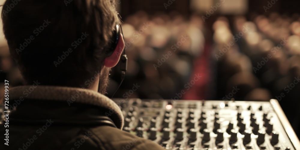 Poster a man wearing headphones is focused on a sound board, adjusting the controls. this image can be used
