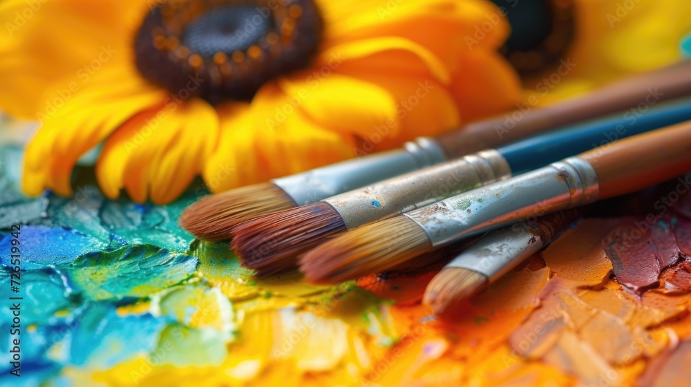 Poster A close up view of various paint brushes on a vibrant and colorful surface. Ideal for artistic projects and creative designs