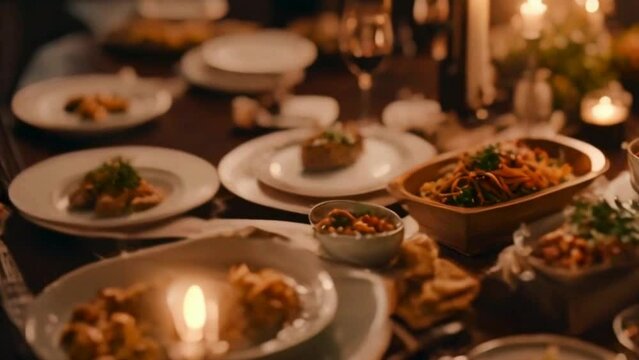 corporate table setting in restaurant, fine dining with red wine and candles,