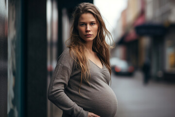 Generative ai picture of charming attractive happy woman pregnant girl isolated on cityscape background