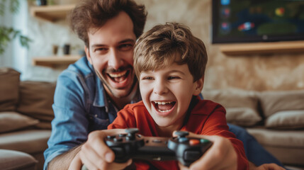 expressive laughing boy and his father with a joystick in his hands plays a computer game - obrazy, fototapety, plakaty